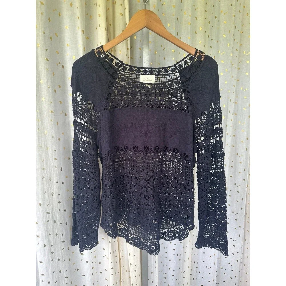 Anthropologie Deletta Navy Bohemian Crochet Lace Embroider Blouse Cover Up Top M